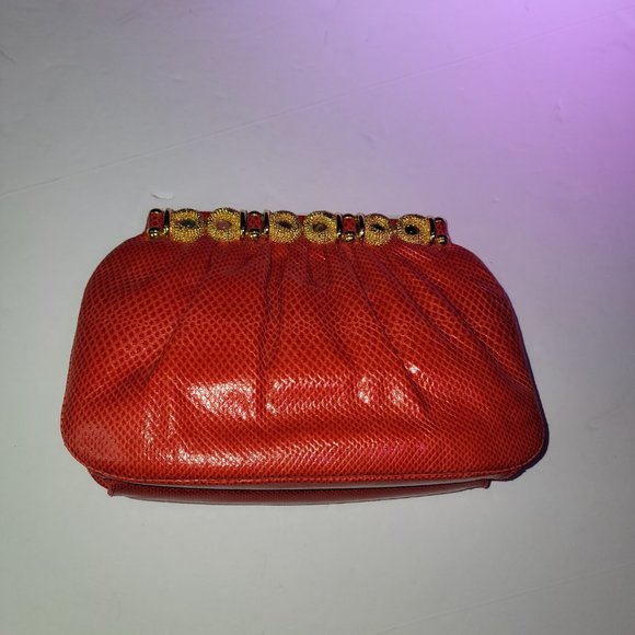 Vintage Judith Leiber Red Snakeskin Clutch with Strap and Gemstones w/ gold comb - Picture 5 of 9